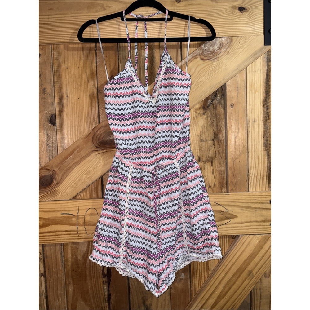 Hollister Romper Small Zigzag Halterneck Crochet Trim Lightweight Multicolored